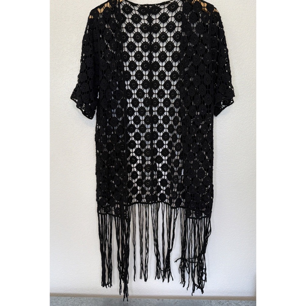 Crochet Lace Fringe Kimono Cardigan Black Geometric Open Front Festival Boho